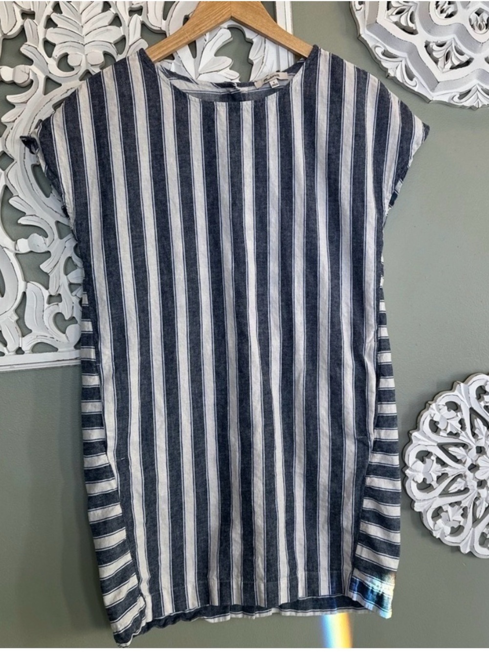 Madewell Striped Linen-Blend Women's Shift Dress, small, button closure